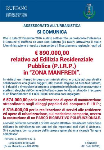 PIRP Zona Manfredi: Recupero finanziamento di 890.000 €